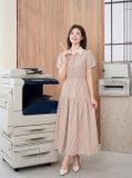  Đầm sơ mi thô kẻ chun eo, lá cổ khác màu 