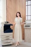  Đầm sơ mi thô kẻ chun eo, lá cổ khác màu 