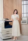  Đầm sơ mi thô kẻ chun eo, lá cổ khác màu 