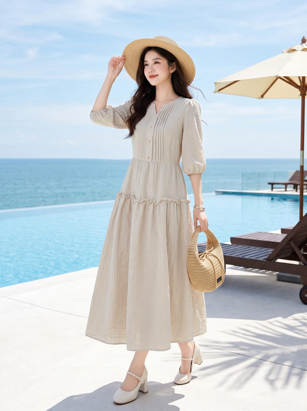 Đầm maxi tay lỡ trang trí ly ngực