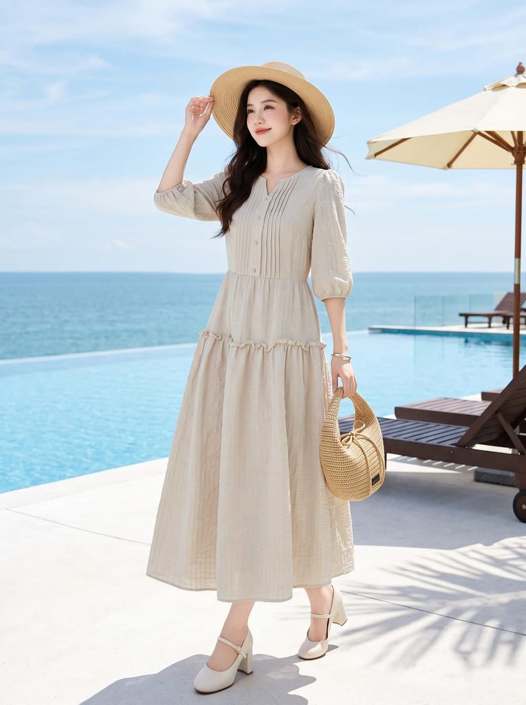  Đầm maxi tay lỡ trang trí ly ngực 