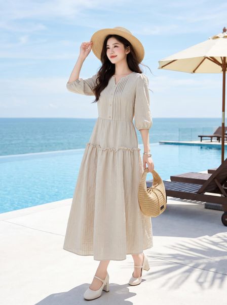  Đầm maxi tay lỡ trang trí ly ngực 