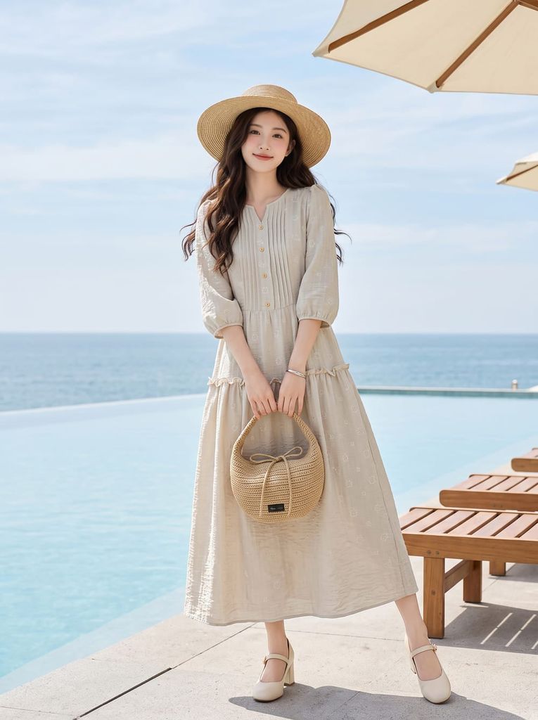  Đầm maxi tay lỡ trang trí ly ngực 