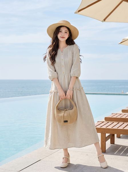  Đầm maxi tay lỡ trang trí ly ngực 