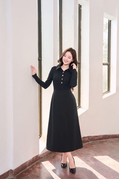  Đầm thun phối chéo cổ đức bổ trụ 