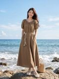  Đầm xòe thô gió dài tay cộc mix thắt lưng 