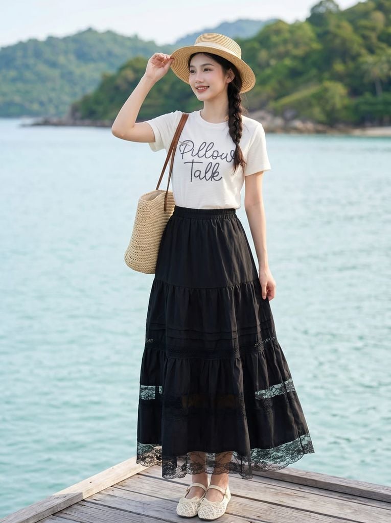  Chân váy thô gió maxi 3 tâng phối dây trang trí 