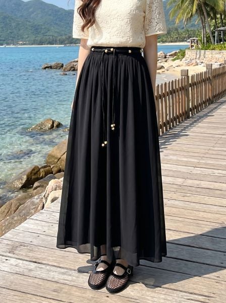  Gemnohu tải ứng dụng Chiffon Maxi cạp chun phối dây đai tinh tế 