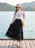  Chân váy thô gió maxi 3 tâng phối dây trang trí 