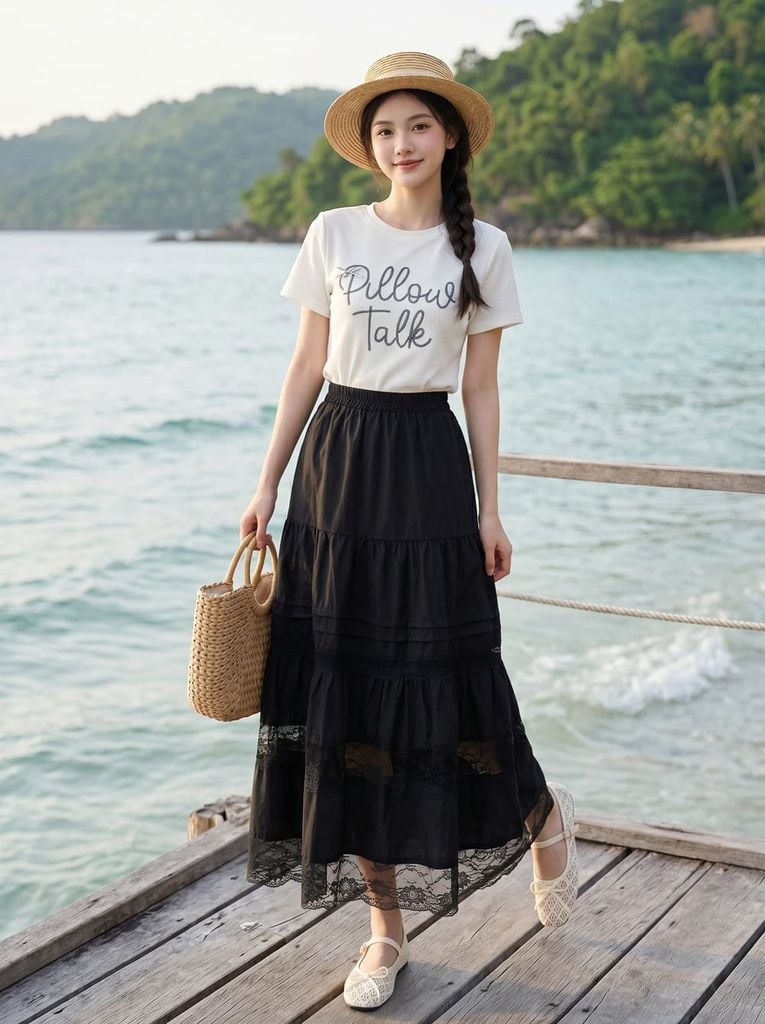  Chân váy thô gió maxi 3 tâng phối dây trang trí 
