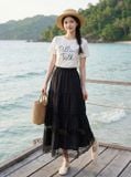  Chân váy thô gió maxi 3 tâng phối dây trang trí 