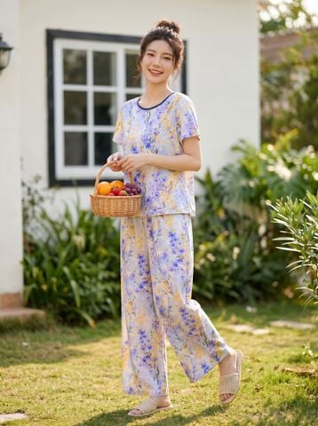 Bộ suông tay cộc phối viền cổ tròn