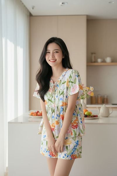  Bộ đồ nữ vải Lanh đùi tay cộc dáng Babydoll họa tiết hoa 