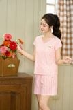  Bộ đồ đùi nữ vải thô kẻ tay cộc gấu ren cổ V phối họa tiết 