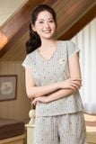  Bộ đồ đùi nữ vải thô kẻ tay cộc gấu ren cổ V phối họa tiết 