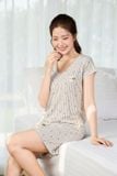  Bộ đồ đùi nữ vải thô kẻ tay cộc gấu ren cổ V phối họa tiết 
