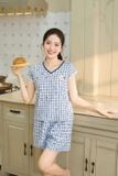  Bộ đồ đùi nữ vải thô kẻ tay cộc gấu ren cổ V phối họa tiết 