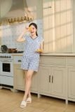  Bộ đồ đùi nữ vải thô kẻ tay cộc gấu ren cổ V phối họa tiết 