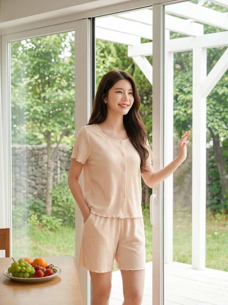  Bộ đồ đùi nữ thun tăm tay cộc nẹp cúc trang trí. 