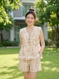  Bộ đùi vải thô đũi sát nách cổ tim phối viền ren họa tiết hoa 