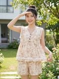  Bộ đùi vải thô đũi sát nách cổ tim phối viền ren họa tiết hoa 