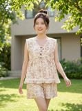 Bộ đùi vải thô đũi sát nách cổ tim phối viền ren họa tiết hoa 