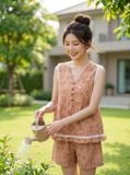  Bộ đùi vải thô đũi sát nách cổ tim phối viền ren họa tiết hoa 