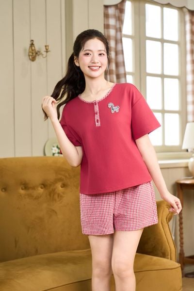  Bộ đồ nữ Cotton phối cổ trụ kẻ trẻ trung 