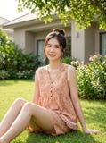  Bộ đùi vải thô đũi sát nách cổ tim phối viền ren họa tiết hoa 