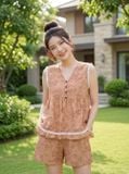  Bộ đùi vải thô đũi sát nách cổ tim phối viền ren họa tiết hoa 