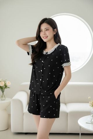 Bộ đồ đùi tăm lạnh tay cộc cổ tròn phối gấu bèo họa tiết tim