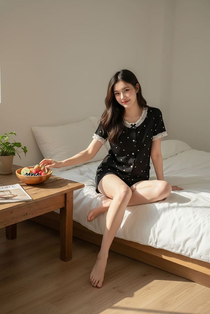  Bộ đồ đùi tăm lạnh tay cộc cổ tròn phối gấu bèo họa tiết tim 
