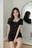  Bộ đồ đùi tăm lạnh tay cộc cổ tròn phối gấu bèo họa tiết tim 