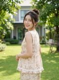  Bộ đùi vải thô đũi sát nách cổ tim phối viền ren họa tiết hoa 