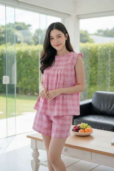  Bộ đồ nữ thô kẻ sát nách cổ tròn phối bèo xếp ly 