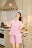  Bộ đồ nữ thô kẻ sát nách cổ tròn gấu bèo tầng 