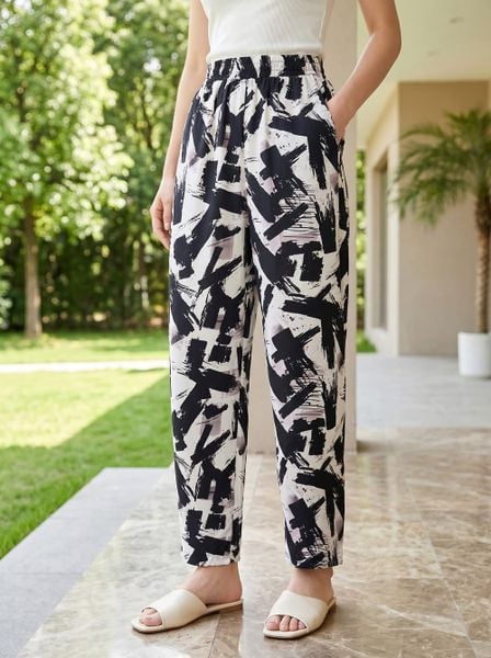  Quần lanh baggy cạp chun túi chéo họa tiết thổ cẩm 