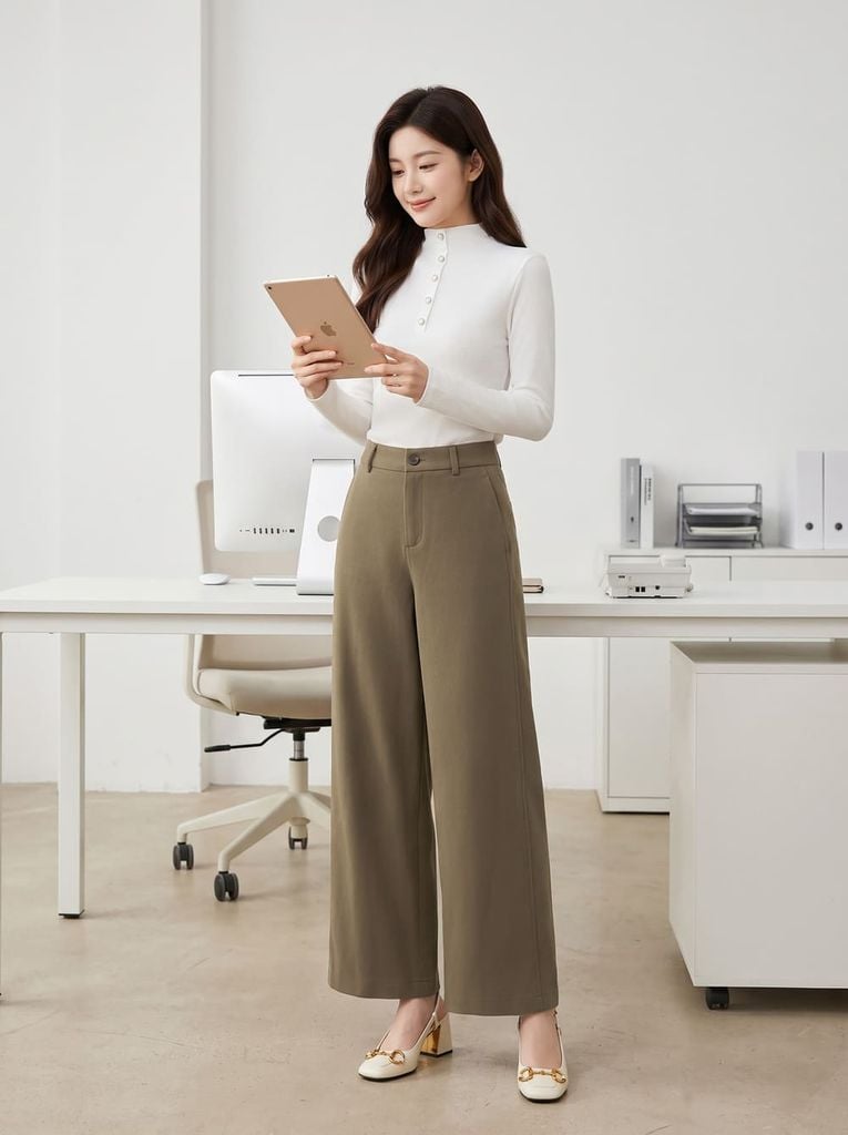  Quần dạ công sở dáng suông cạp cao 