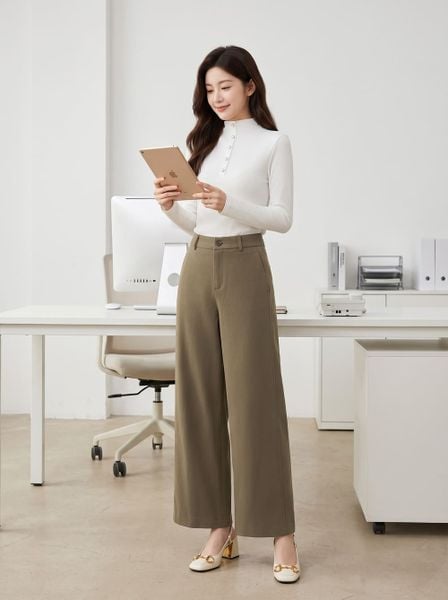  Quần dạ công sở dáng suông cạp cao 