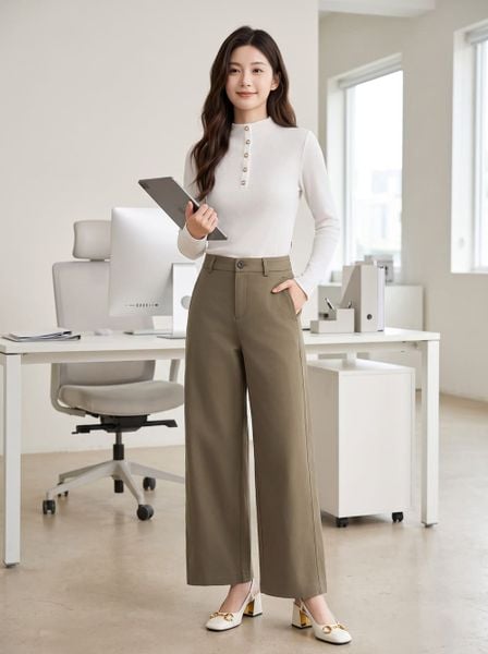 Quần dạ công sở dáng suông cạp cao 