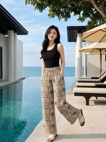 Quần linen dài suông họa tiết