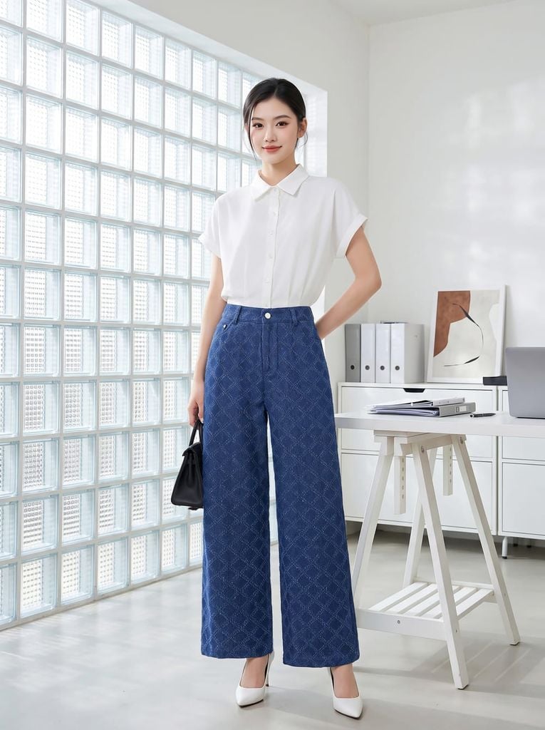  Quần denim dáng suông họa tiết ô trám lấp lánh 
