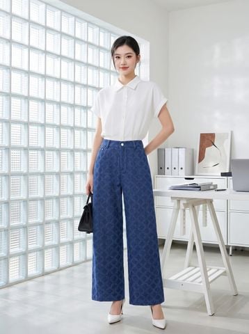 Quần denim dáng suông họa tiết ô trám lấp lánh