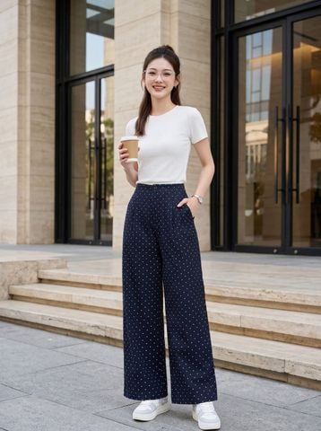 Quần denim ống suông cạp liền chấm bi