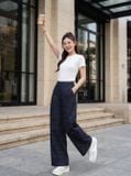  Quần denim ống suông cạp liền chấm bi 