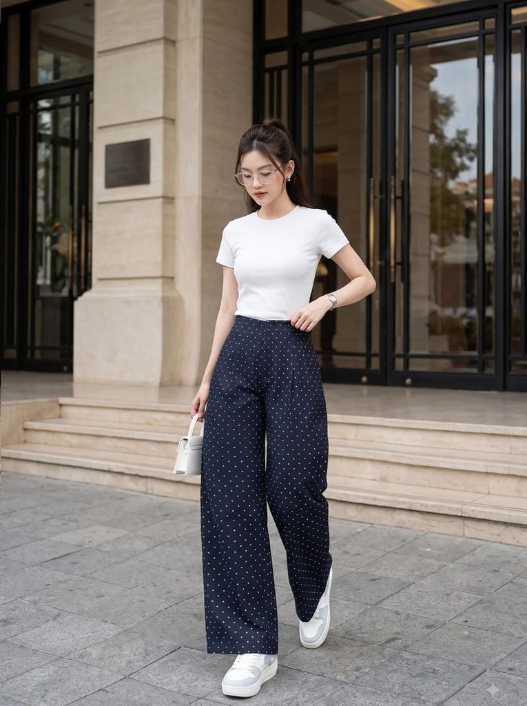  Quần denim ống suông cạp liền chấm bi 