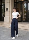  Quần denim ống suông cạp liền chấm bi 