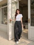 Quần denim suông túi ốp trước sau đính cúc kim loại 