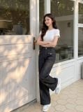  Quần denim suông túi ốp trước sau đính cúc kim loại 