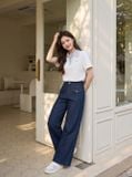  Quần denim suông túi ốp trước sau đính cúc kim loại 